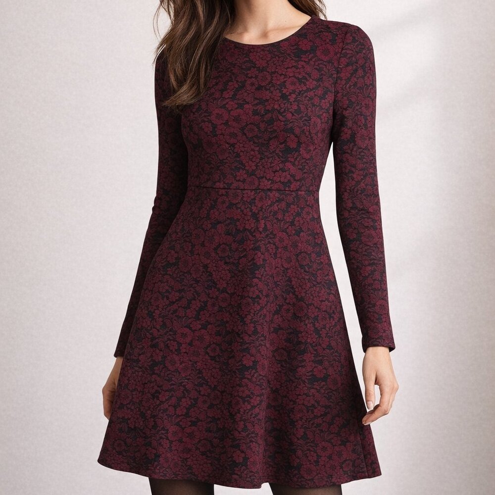 Ann Taylor LOFT 0 Red Black Floral Ponte Knit Modest Long Sleeve A-Line Dress